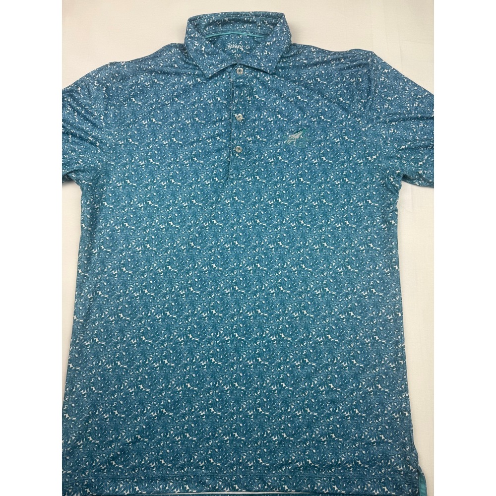 Johnnie-O Polo Shirt Size M Blue Leaf Print Indian Wells CC Performance Golf